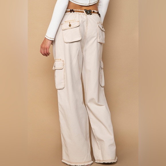 POL Slouchy Almond Cream Cargo Pocket Wide Leg Pants with Elastic Waist - Picture 2 of 6